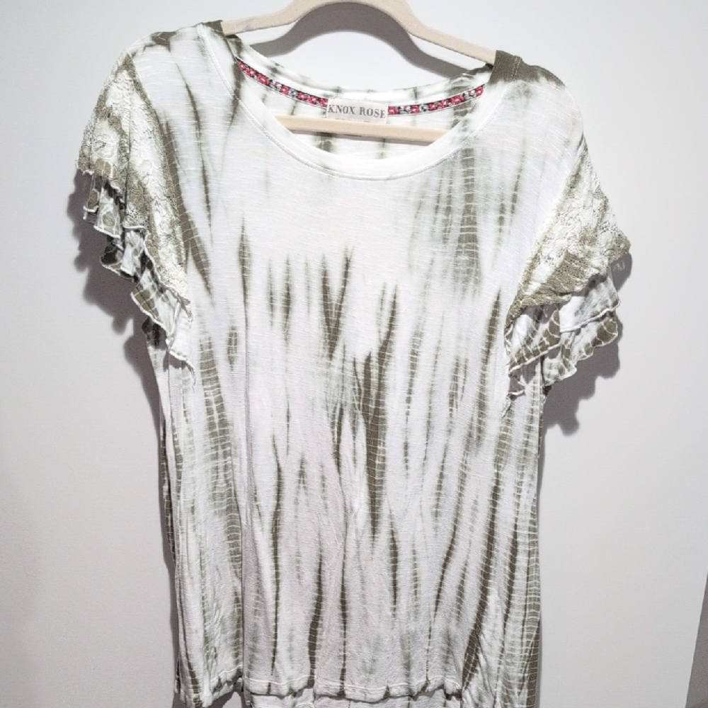 Knox Rose Olive and White Tie-Dye Ruffle Sleeve Short Sleeve Top
